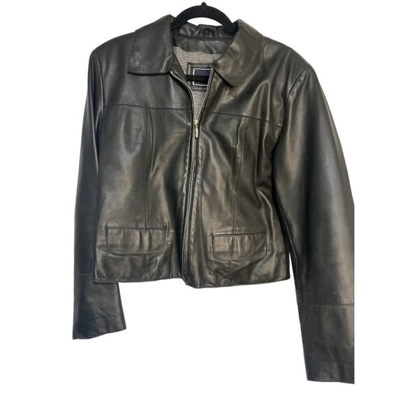Womens Black Leather Jacket With Zip Front & Pockets By Saguaro Size M - Picture 1 of 8